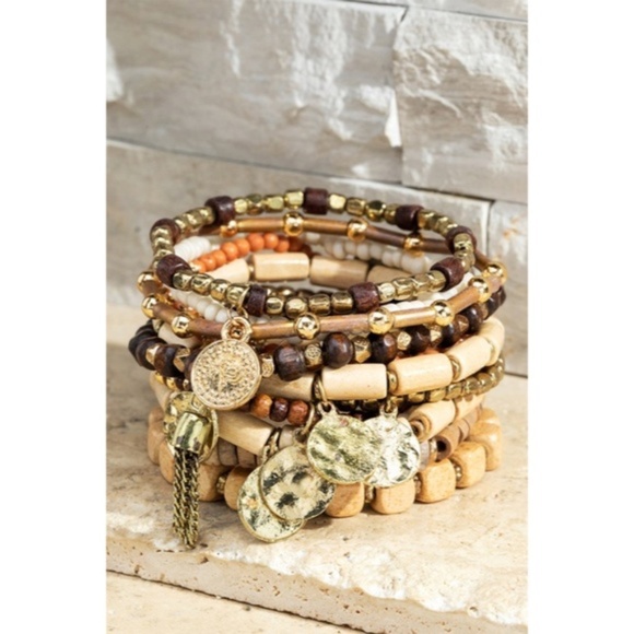 SOLD OUT Boho Brown Wood Gold Bead Charm Stackable Multi Layer Stretch Bracelet - Picture 2 of 3